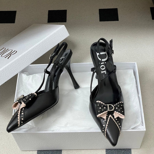 CD 26 D'Trick Slingback Heels 10cm Black Bow Detail Sheepskin 632583