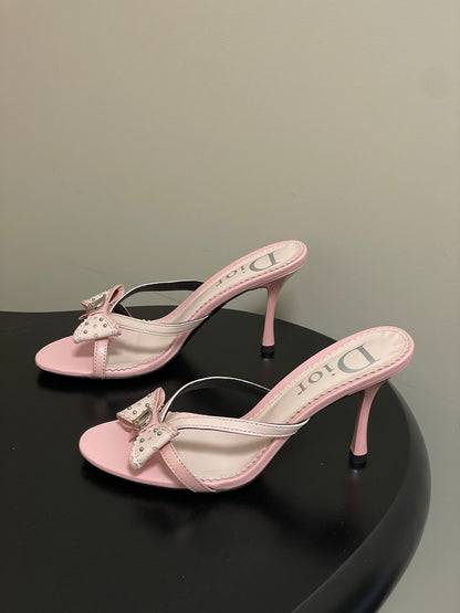 CD 26SS D'Trick Heeled Sandal 10cm Powder Pink Bow Detail Sheepskin 632579