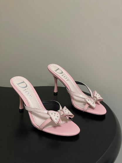 CD 26SS D'Trick Heeled Sandal 10cm Powder Pink Bow Detail Sheepskin 632579