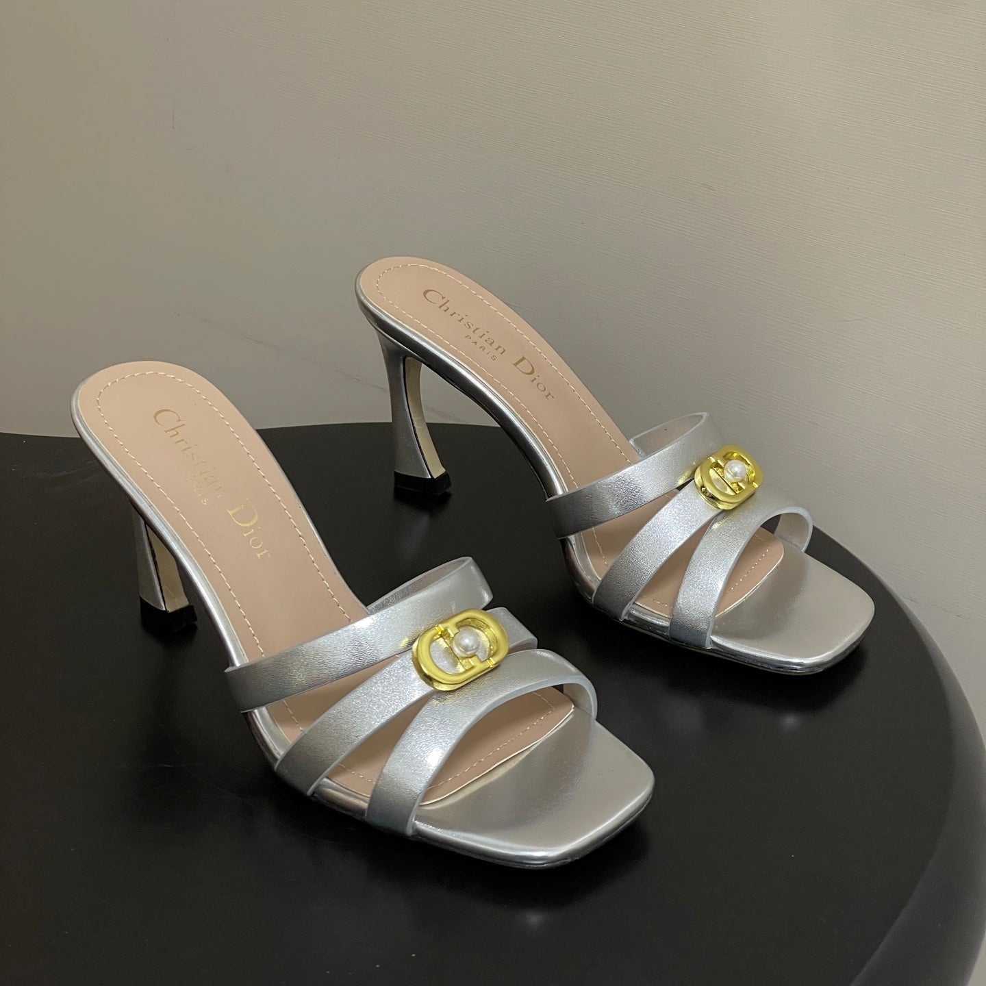 CD 26 High-Heeled Sandals 80mm Silver Metallic Cowhide 632585