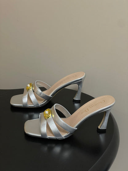 CD 26 High-Heeled Sandals 80mm Silver Metallic Cowhide 632585