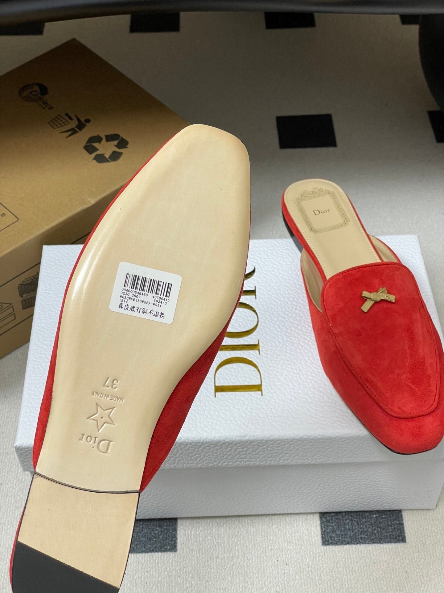 CD 26 Baby Bow Flat Mule Red Cowhide Sheepskin Suede 632591