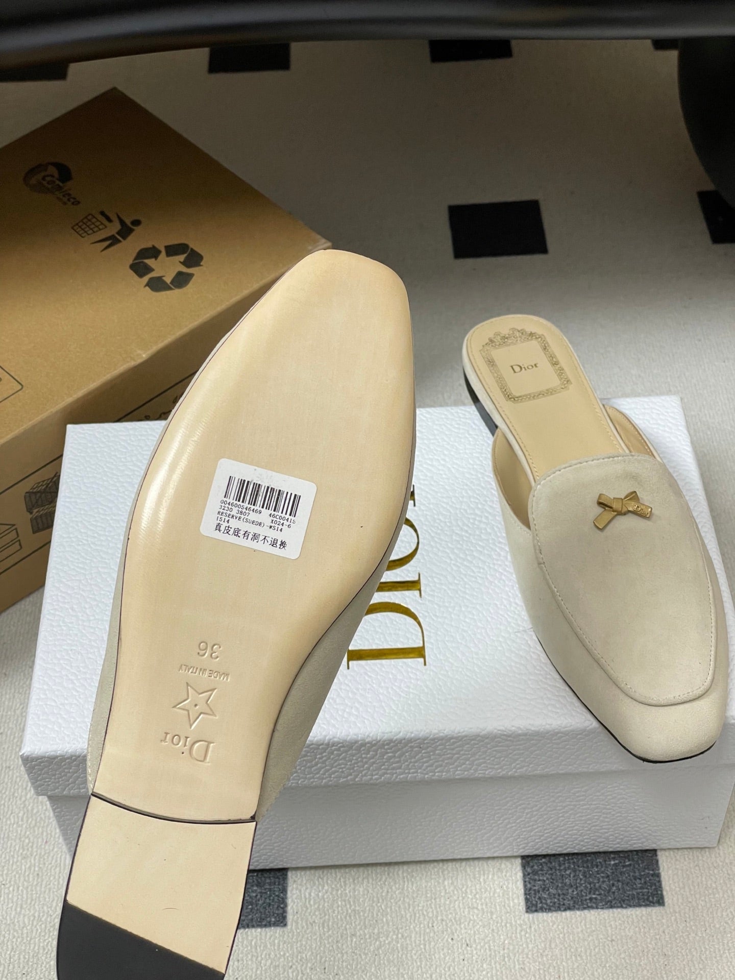 CD 26 Baby Bow Flat Mule Rope Beige Cowhide Sheepskin Suede 632594