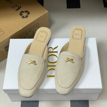 CD 26 Baby Bow Flat Mule Rope Beige Cowhide Sheepskin Suede 632594