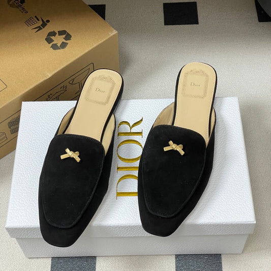 CD 26 Baby Bow Flat Mule Black Cowhide Sheepskin Suede 632595