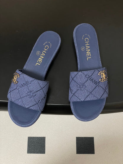 CC 26s Flat Sandals Dark Blue Canvas Sheepskin Double C 649505