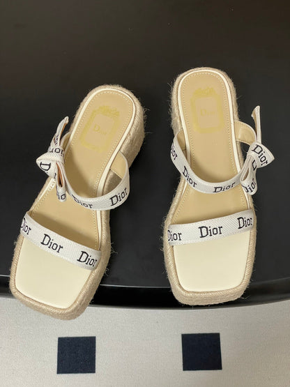 CD J'Adior Wedge Slide Straps Cream Beige Leather 834937