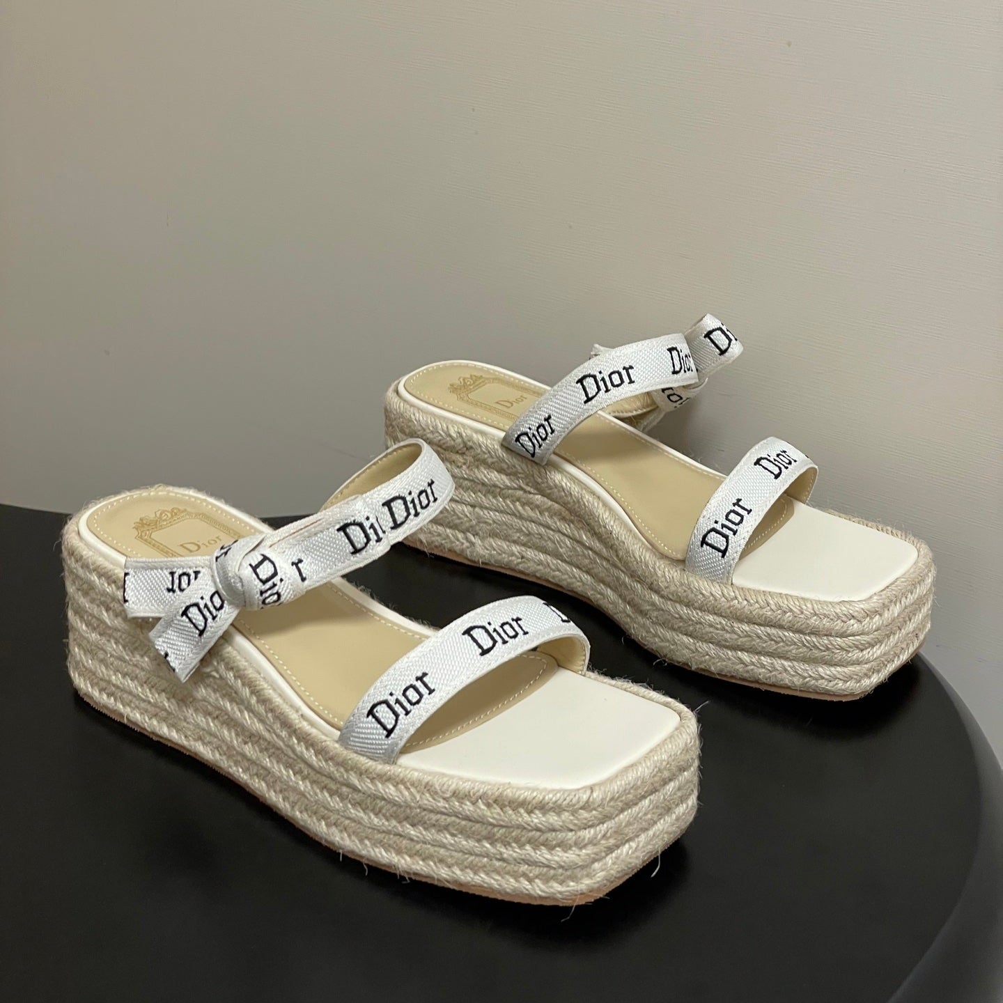 CD J'Adior Wedge Slide Straps Cream Beige Leather 834937
