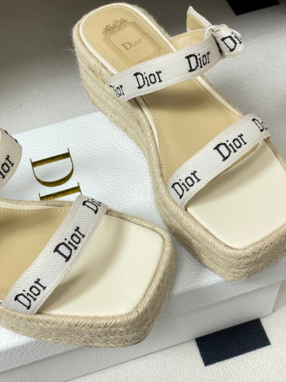 CD J'Adior Wedge Slide Straps Cream Beige Leather 834937