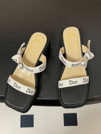 CD J'Adior Wedge Slide Straps Black Beige Leather 834938