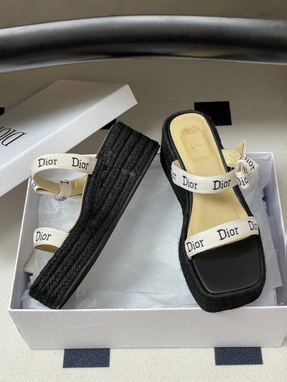CD J'Adior Wedge Slide Straps Black Beige Leather 834938