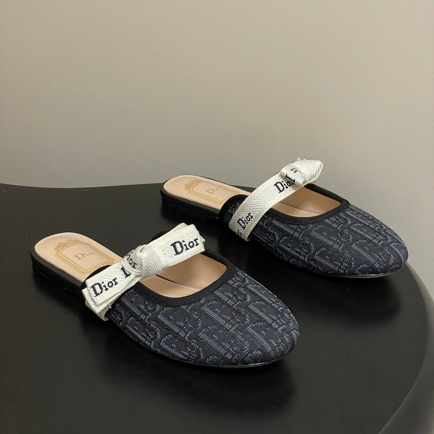 CD J'Adior Mules Navy Blue Beige Leather Cotton 834932