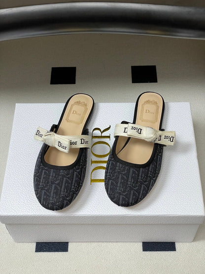 CD J'Adior Mules Navy Blue Beige Leather Cotton 834932