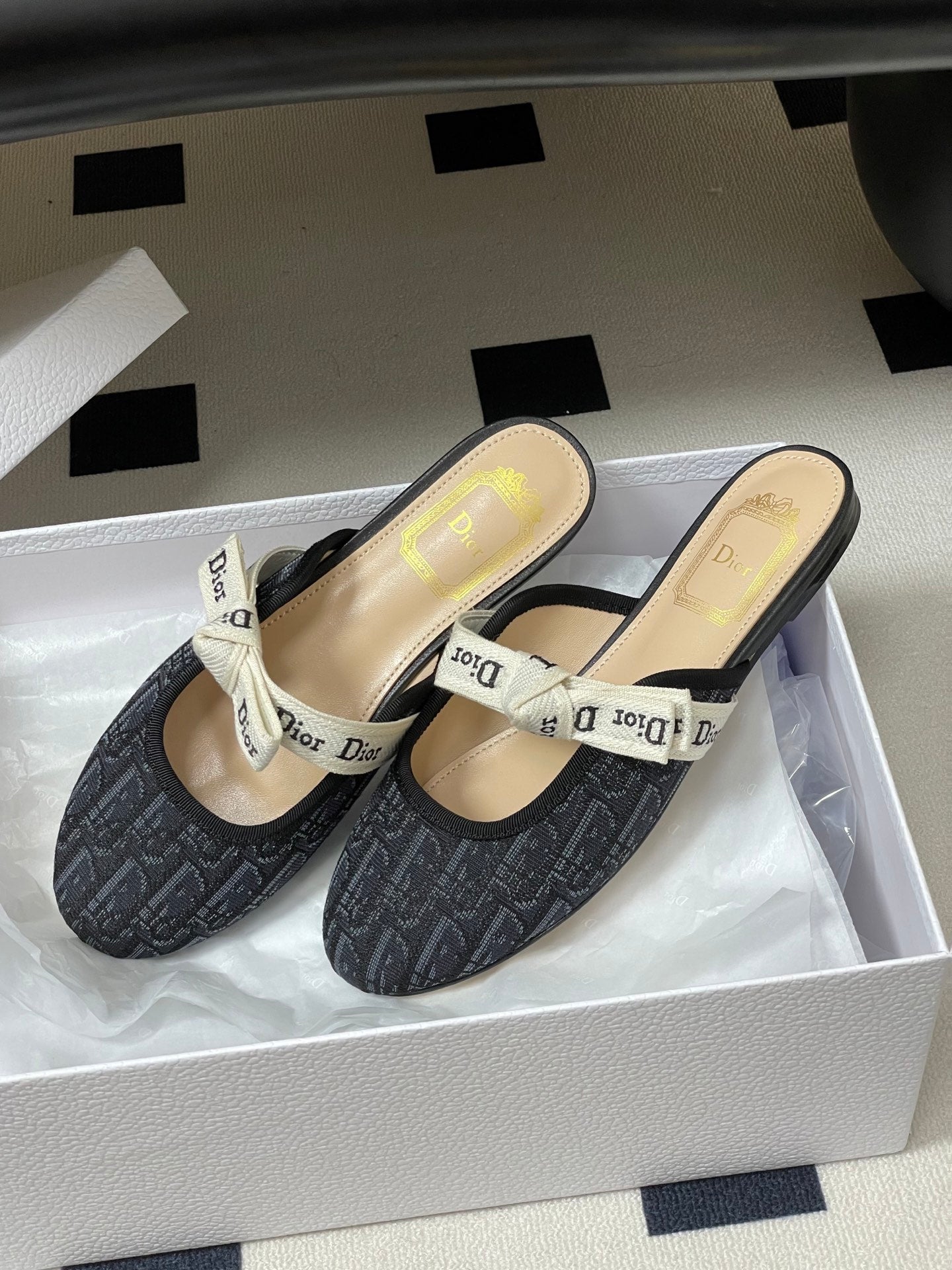 CD J'Adior Mules Navy Blue Beige Leather Cotton 834932