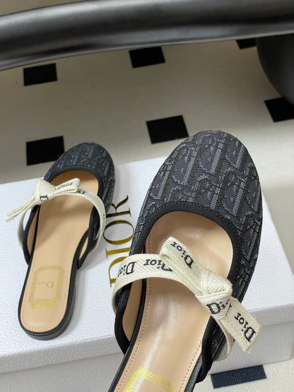 CD J'Adior Mules Navy Blue Beige Leather Cotton 834932