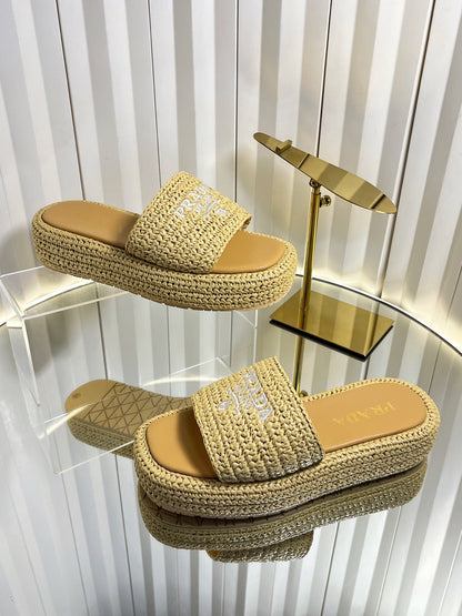 Prada 202 Platform Slide Sandals 40mm Woven Raffia 768777