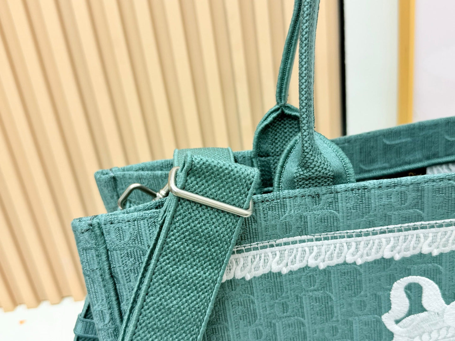 Dior Dioramour Book Tote Teal Green Dior Oblique Embroidery with White Lace
