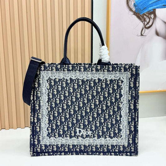 Dior Book Tote Blue Dior Oblique Embroidery and White Lace