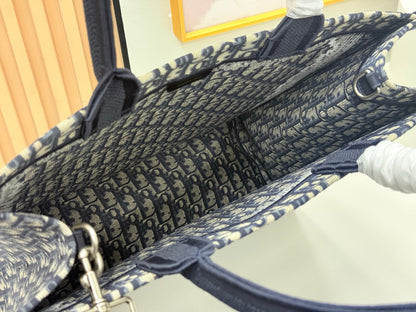 Dior Book Tote Blue Dior Oblique Embroidery and White Lace
