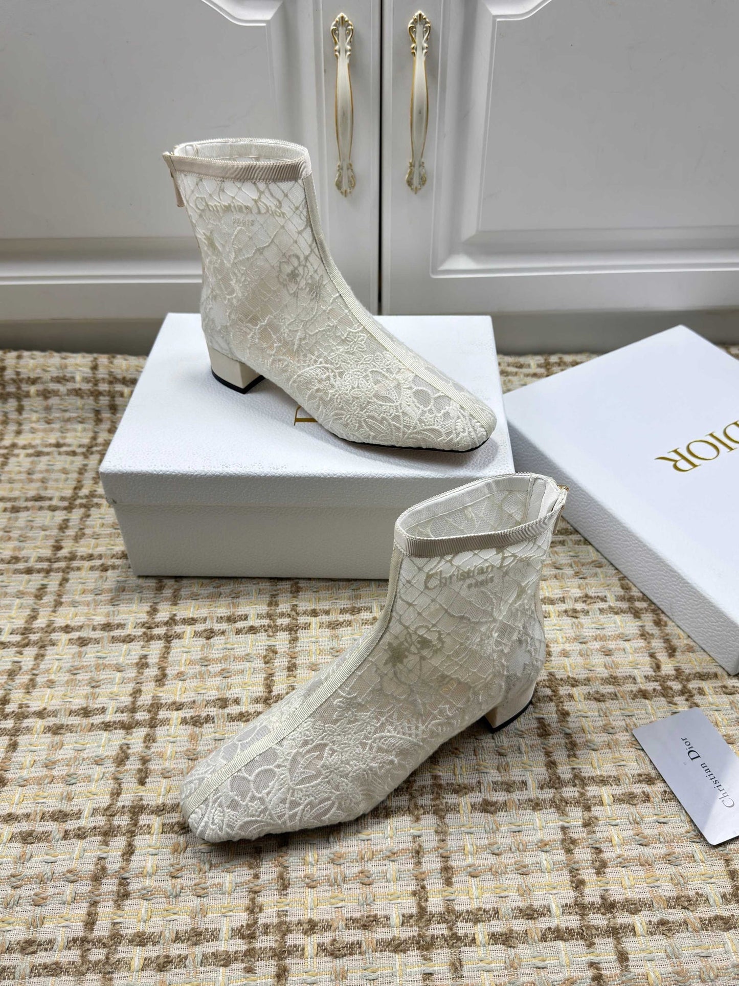 CD 26s Ankle Boots 35mm In White Floral Lace Mesh Block Heel