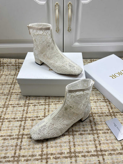 CD 26s Ankle Boots 35mm In White Floral Lace Mesh Block Heel