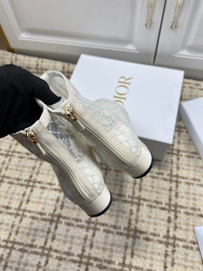 CD 26s Ankle Boots 35mm In White Floral Lace Mesh Block Heel