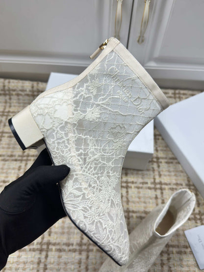 CD 26s Ankle Boots 35mm In White Floral Lace Mesh Block Heel