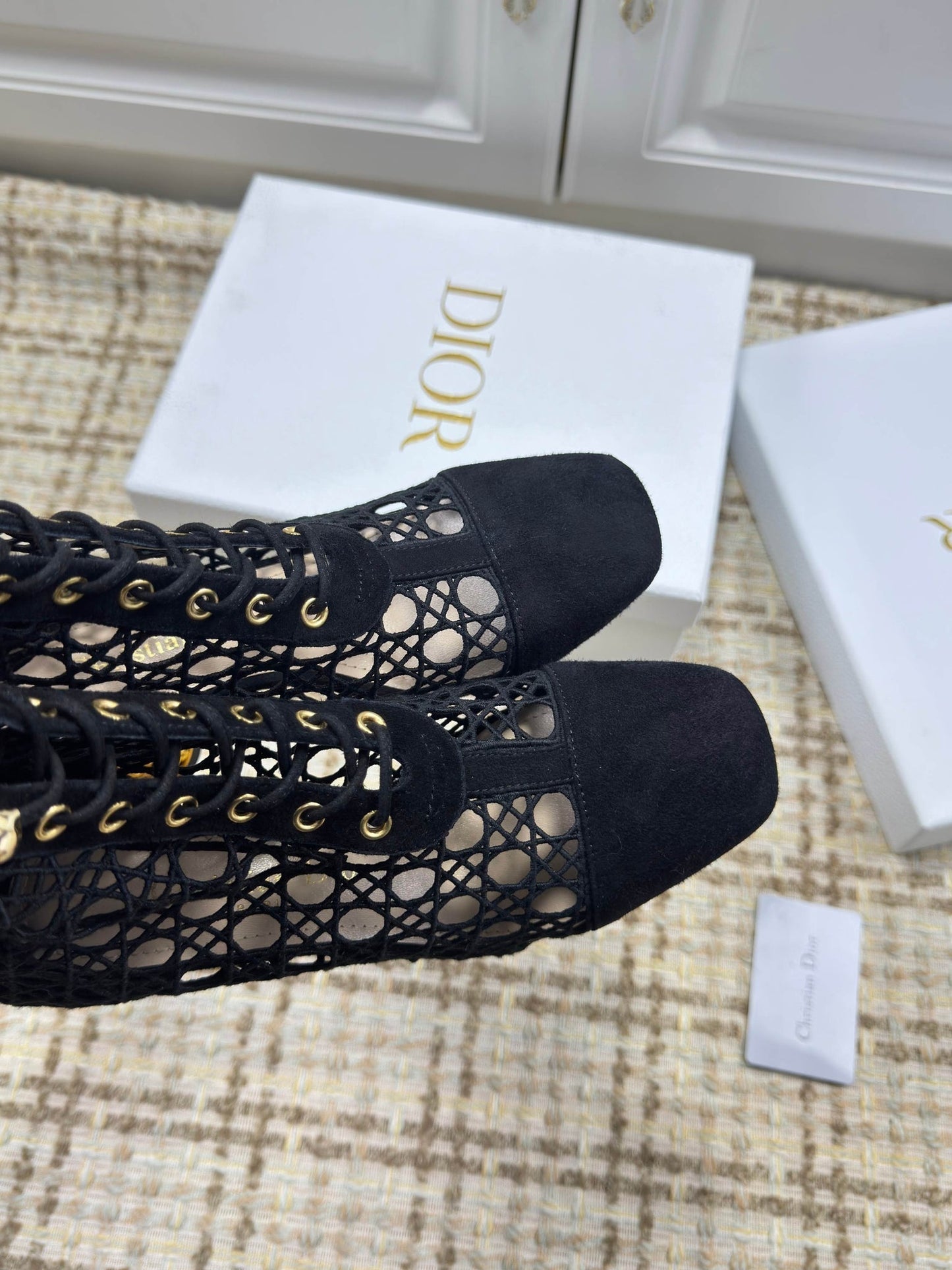 CD 26s Lace Up Ankle Boots 80mm In Black Openwork Lace Suede Gold Heel
