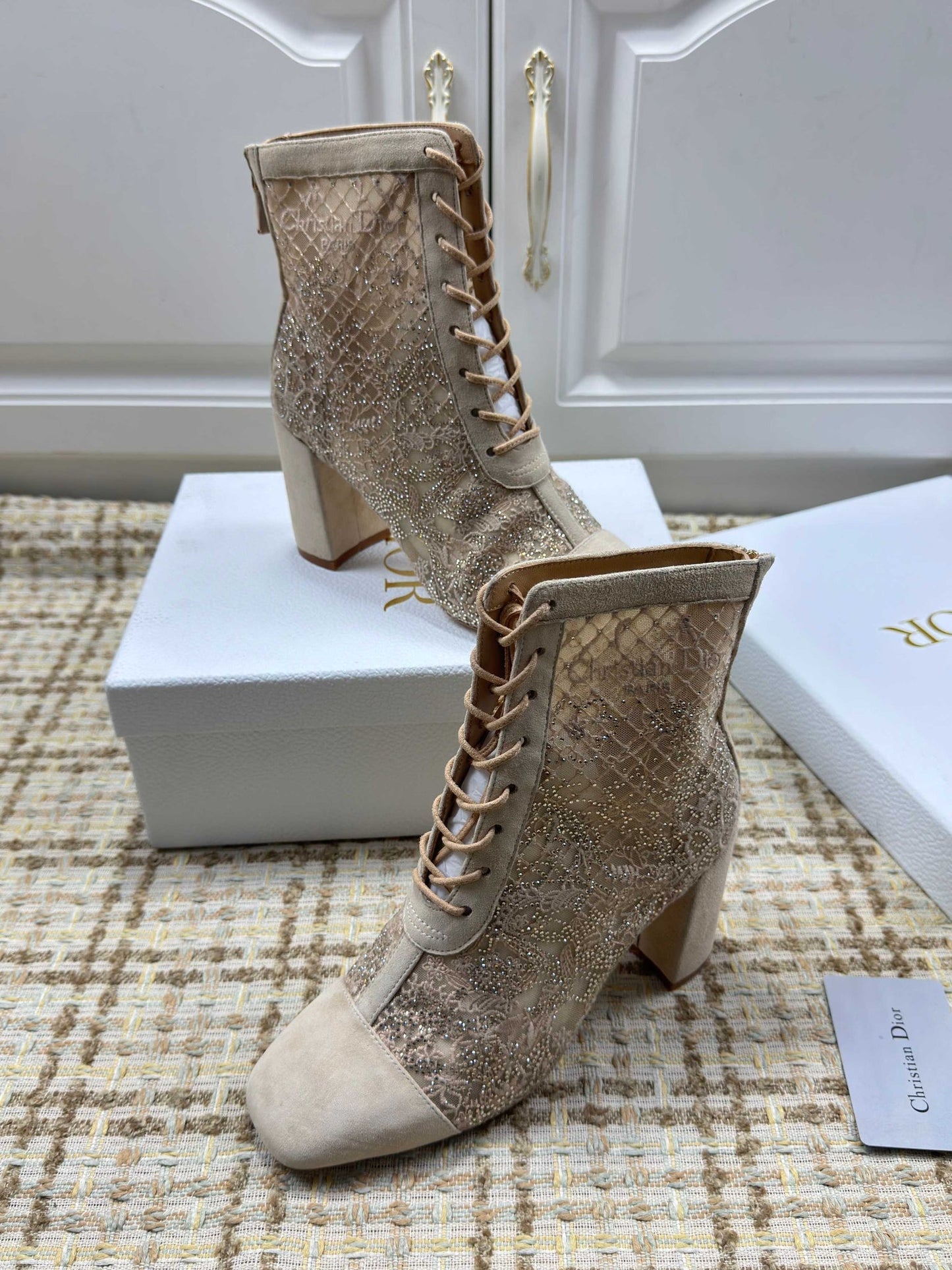 CD 26s Lace Up Ankle Boots 35mm In Beige Lace Suede Block Heel