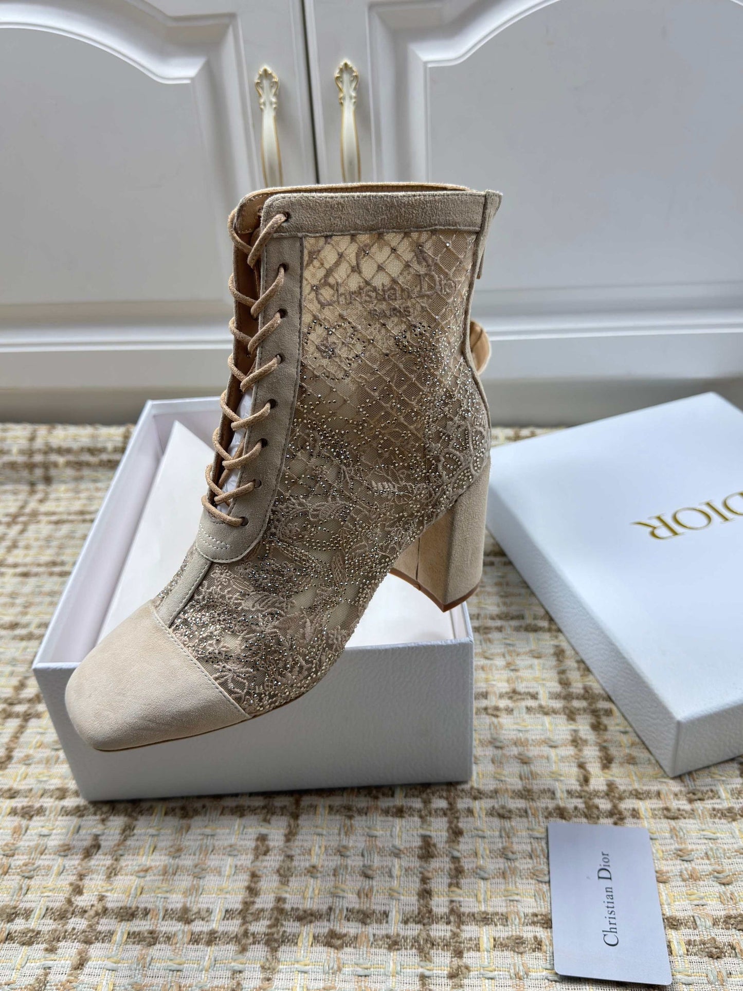 CD 26s Lace Up Ankle Boots 35mm In Beige Lace Suede Block Heel