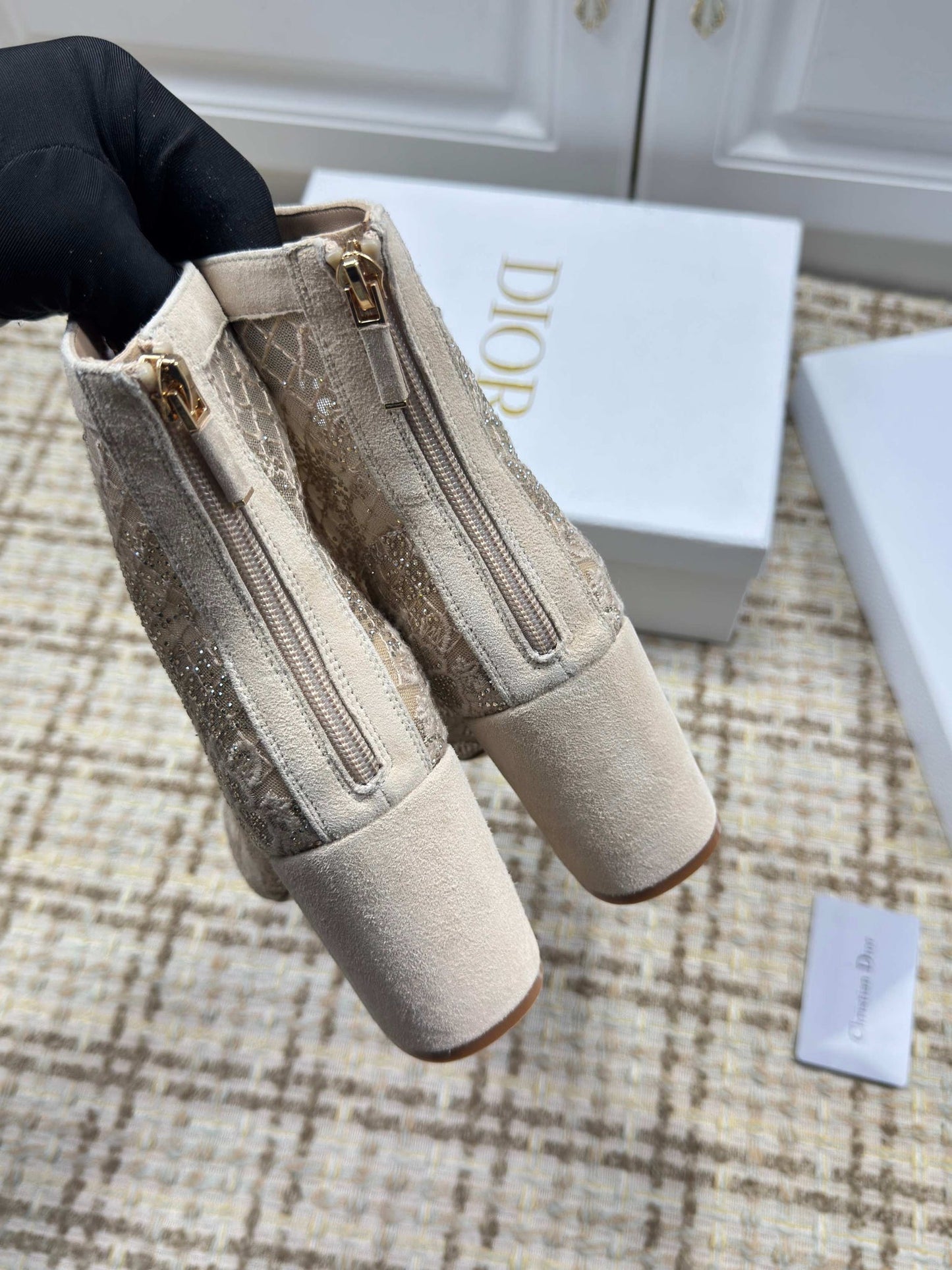 CD 26s Lace Up Ankle Boots 35mm In Beige Lace Suede Block Heel