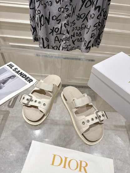 CD 26s Double-Strap Slide Sandals Cream Calfskin 919010