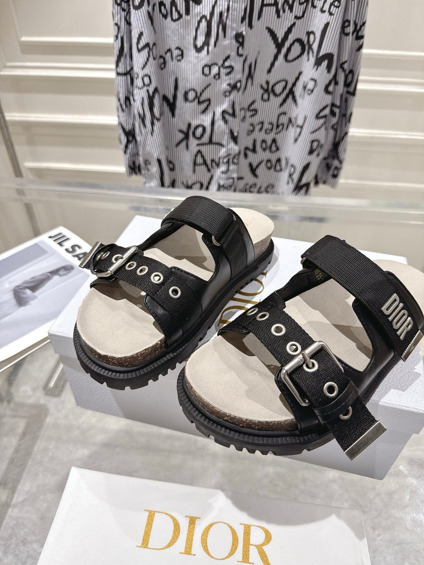 CD 26s Double-Strap Slide Sandals Black Calfskin 919011