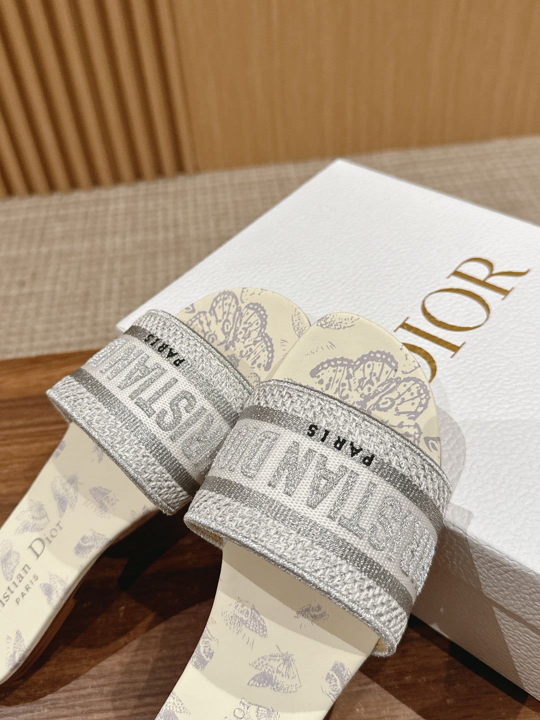 CD 26s Slide Sandals In Grey Butterfly Print Logo