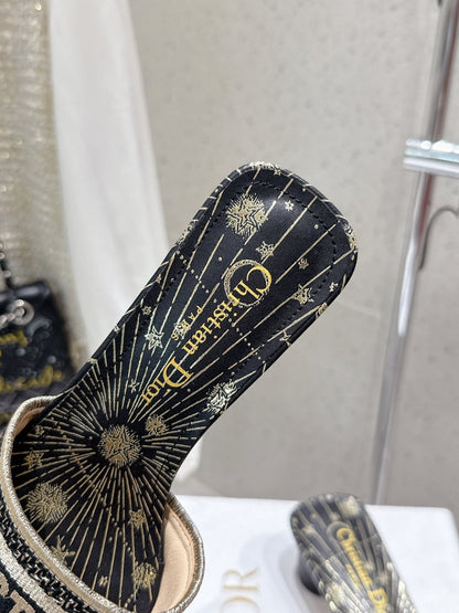 CD 26s Embroidered Flat Slippers Black Gold Canvas Leather 636395