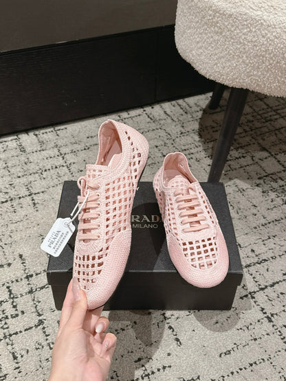 Prada 2026 Women's Collapse Crochet Laced Sneakers Sheepskin 770902