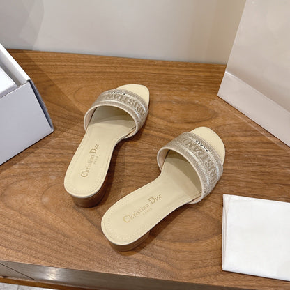 CD 26s Embroidered Sandals Beige Canvas Leather 685603