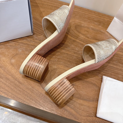 CD 26s Embroidered Sandals Beige Canvas Leather 685603