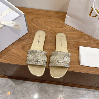 CD 26s Embroidered Sandals Gold Champage  Canvas Leather 685616