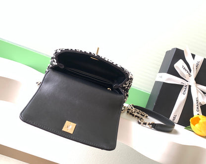 Chanel 2026 Top Handle Bag 19cm Black White Sequin Leather