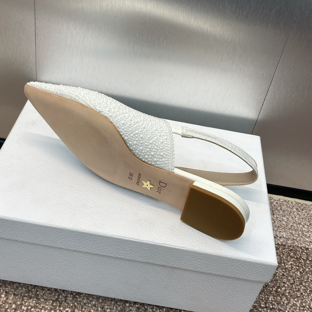cd slingback flat embroidered cotton white calfskin resin pearl