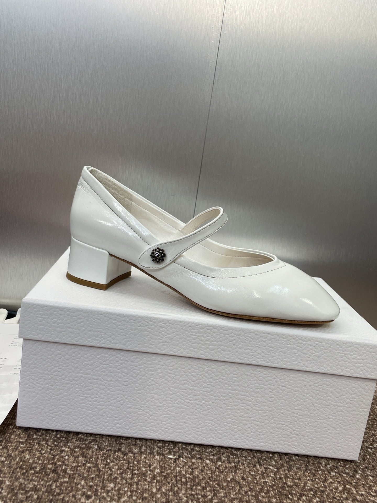 CD Chunky Heel Round Toe Ballet White Patent Leather 524206