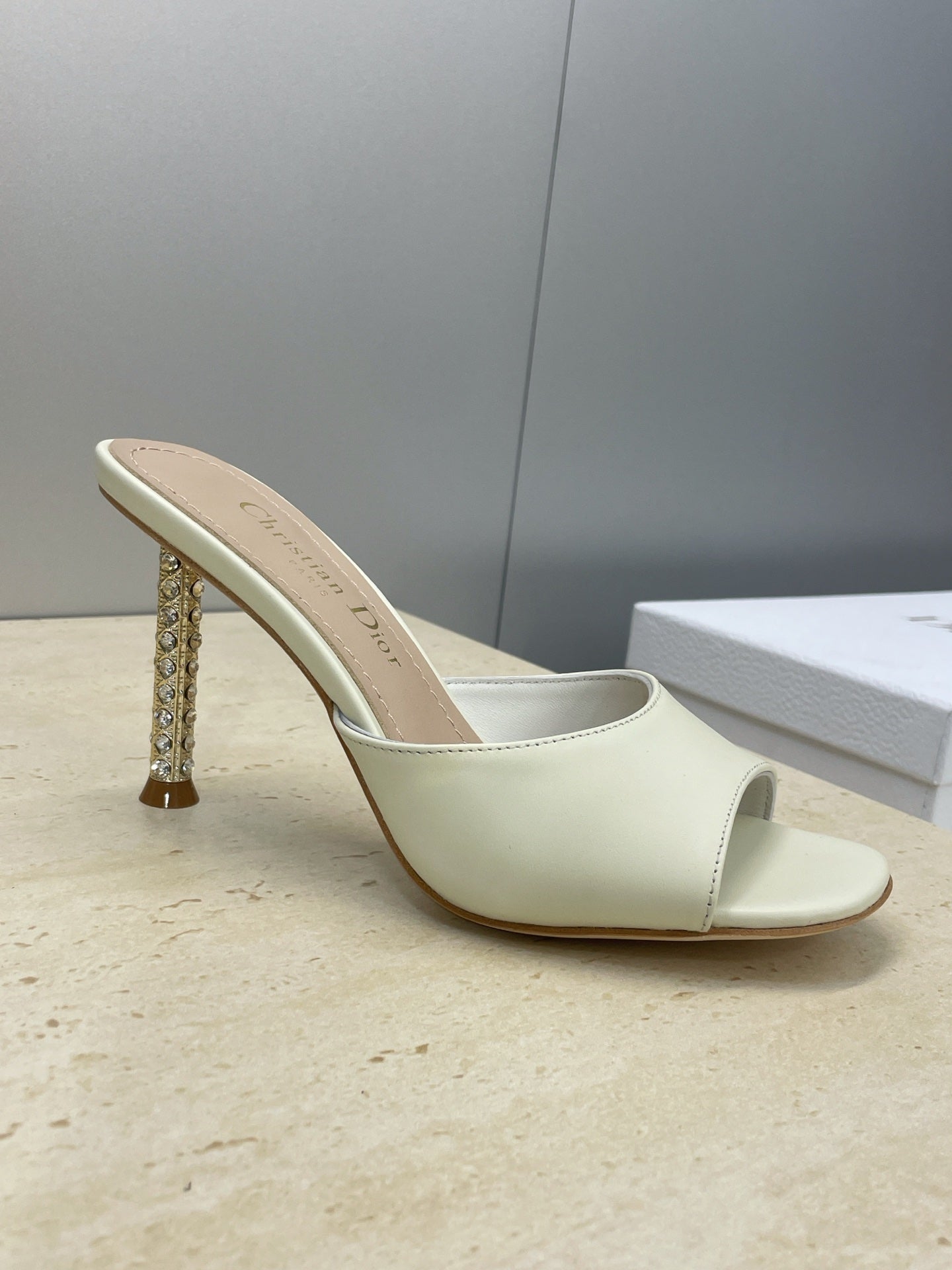 CD 26s Icon Heeled Slide 8cm Cream Leather Silk 633058