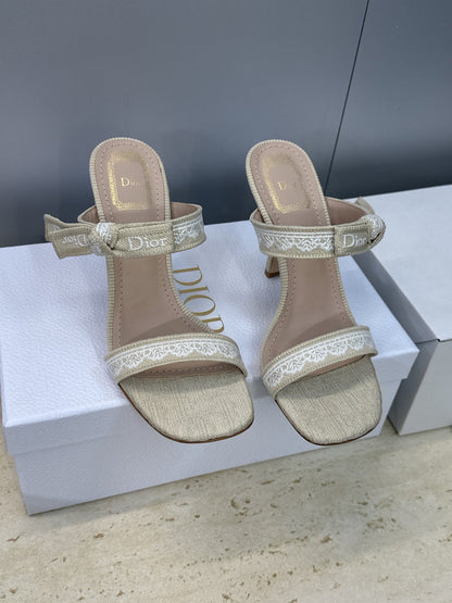 CD 26s Heeled Sandal 10cm Light Taupe Beige Leather Fabric 633068