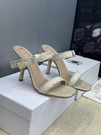 CD 26s Heeled Sandal 10cm Light Taupe Beige Leather Fabric 633068
