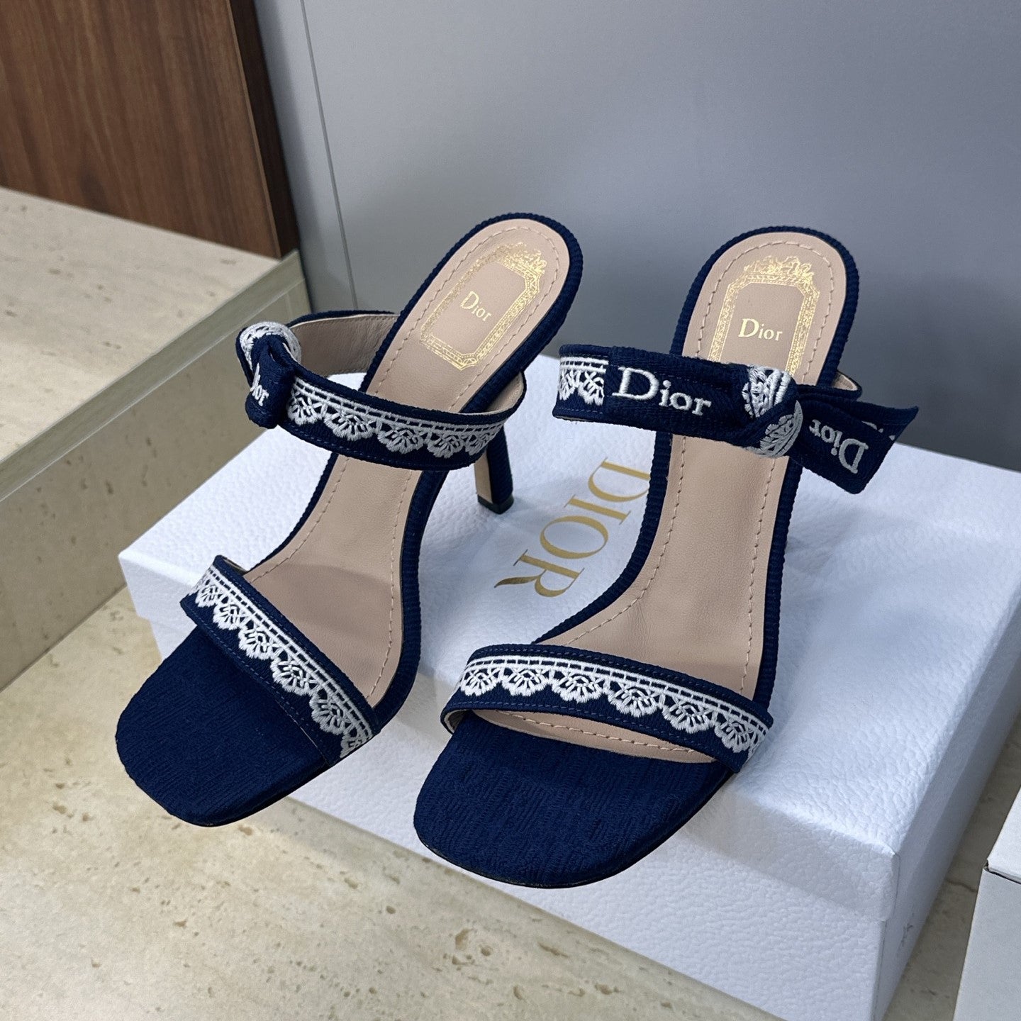 CD 26s Heeled Sandal 10cm Navy Blue Beige Leather Fabric 633070
