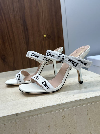 CD 26s Heeled Sandal 10cm White Beige Leather Fabric 633071