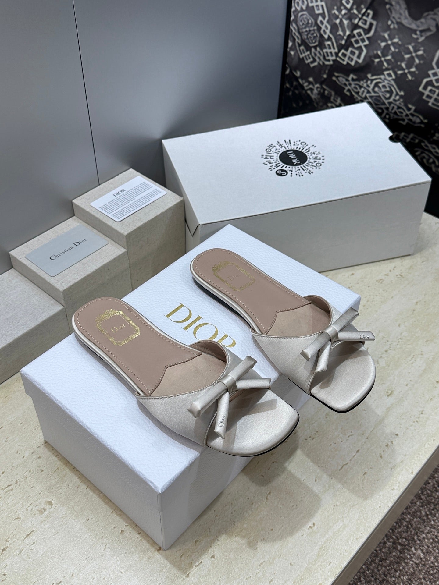 CD Dior Bow Slides Grey Satin 884661