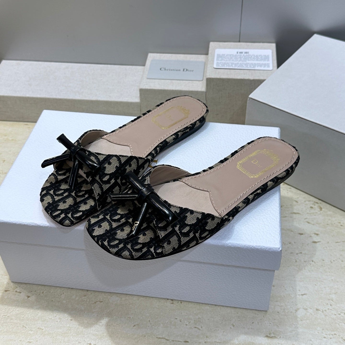CD Dior Bow Slides Beige Black Canvas 884665