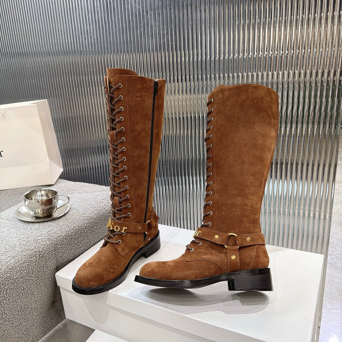 CD 26s Lace-Up Knee-High Boots Brown Suede 924103